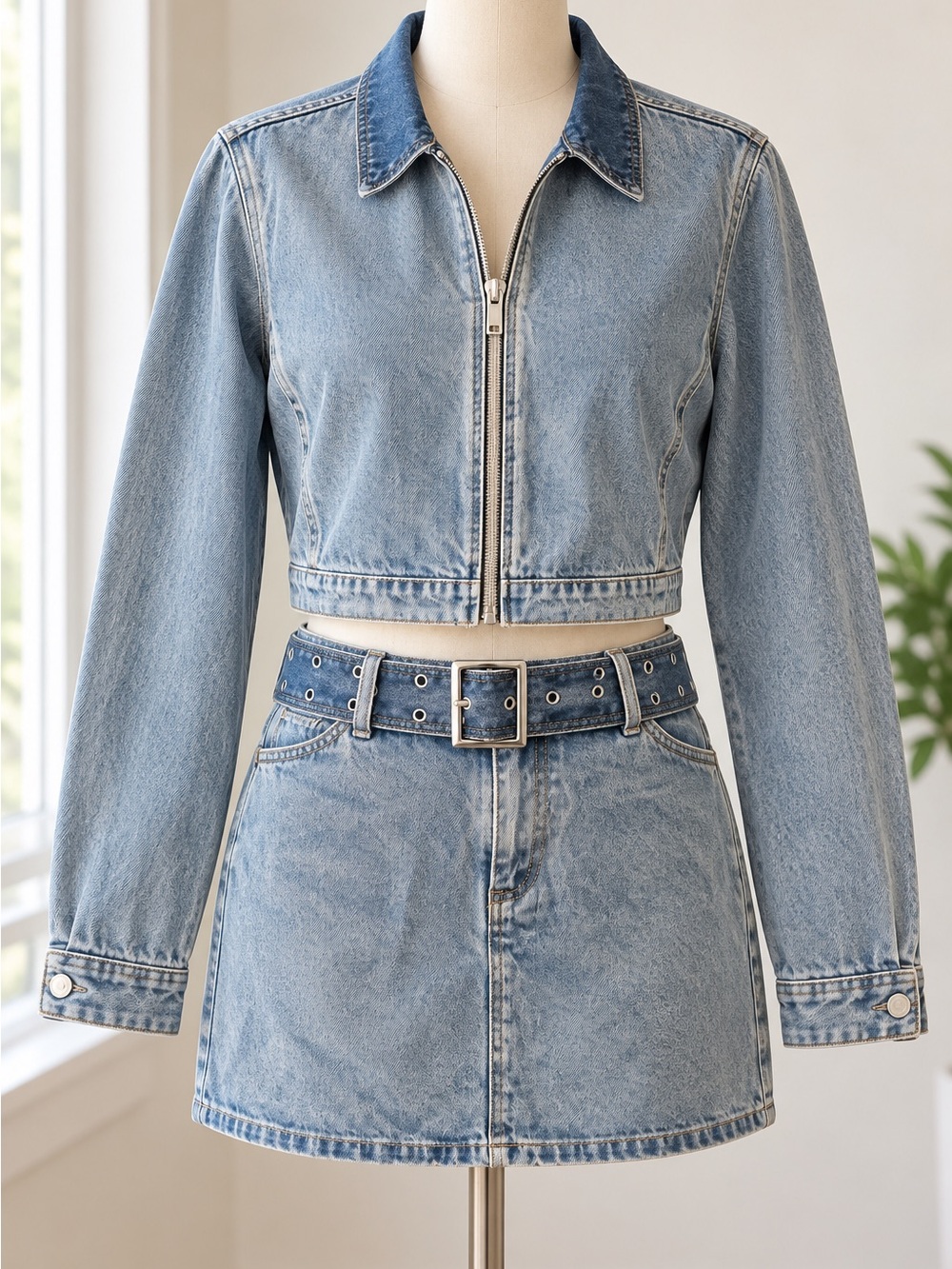 These Three Boutique Zip Front Denim Jacket Large Cropped Boxy Blue Jean Jacket